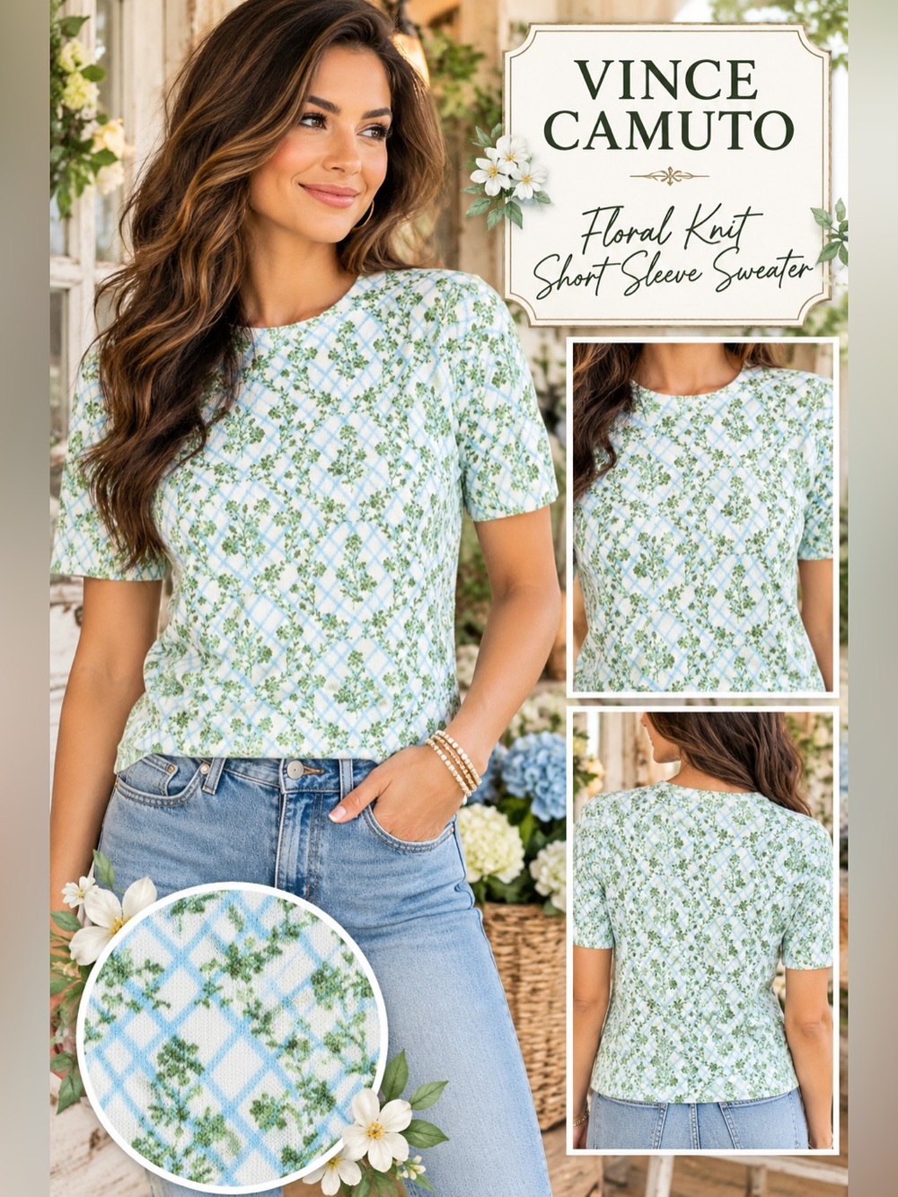 Vince Camuto Light Green Floral Knit Short Sleeve Top